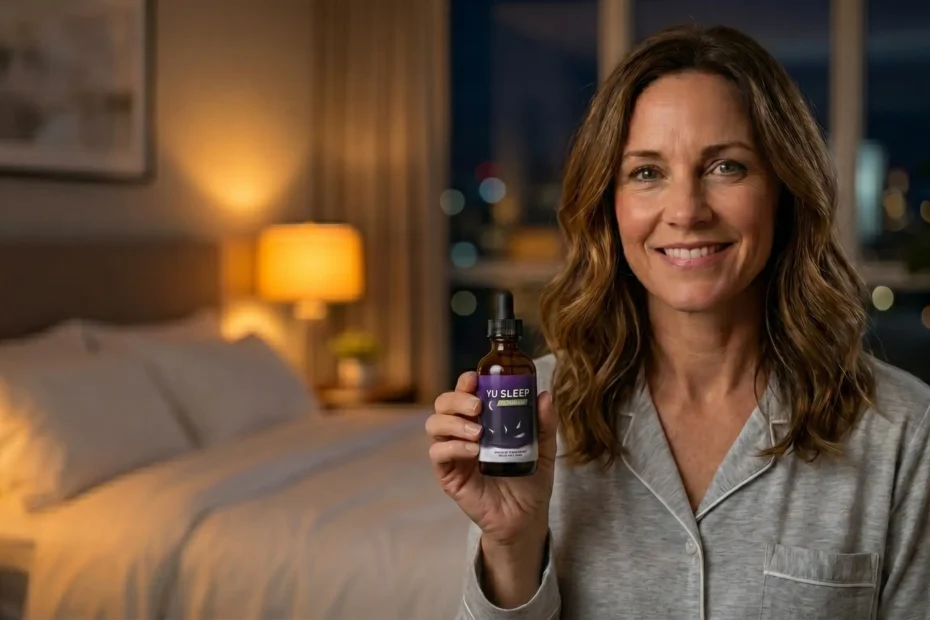 Yu Sleep Review 2026 – Author holding Yu Sleep nano liquid sleep supplement bottle