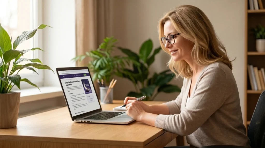Yu Sleep scam or legit – woman researching product online with supplement bottle on desk
