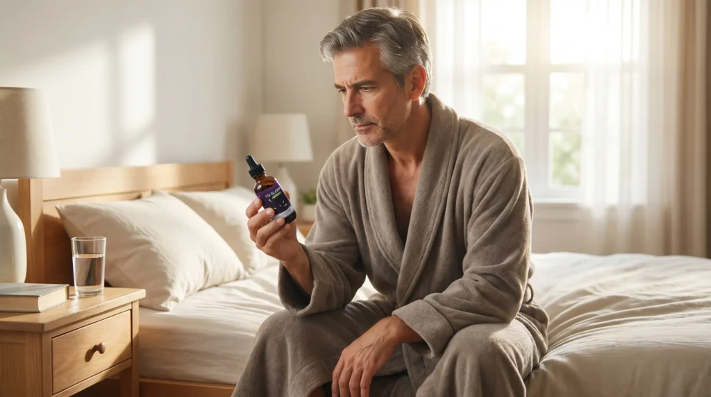 Yu Sleep side effects safety review – adult examining natural sleep supplement bottle