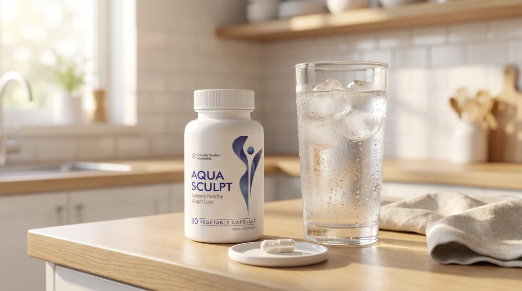 AquaSculpt capsule bottle, one of the stimulant-free weight loss supplements compared in this article, next to a glass of ice water