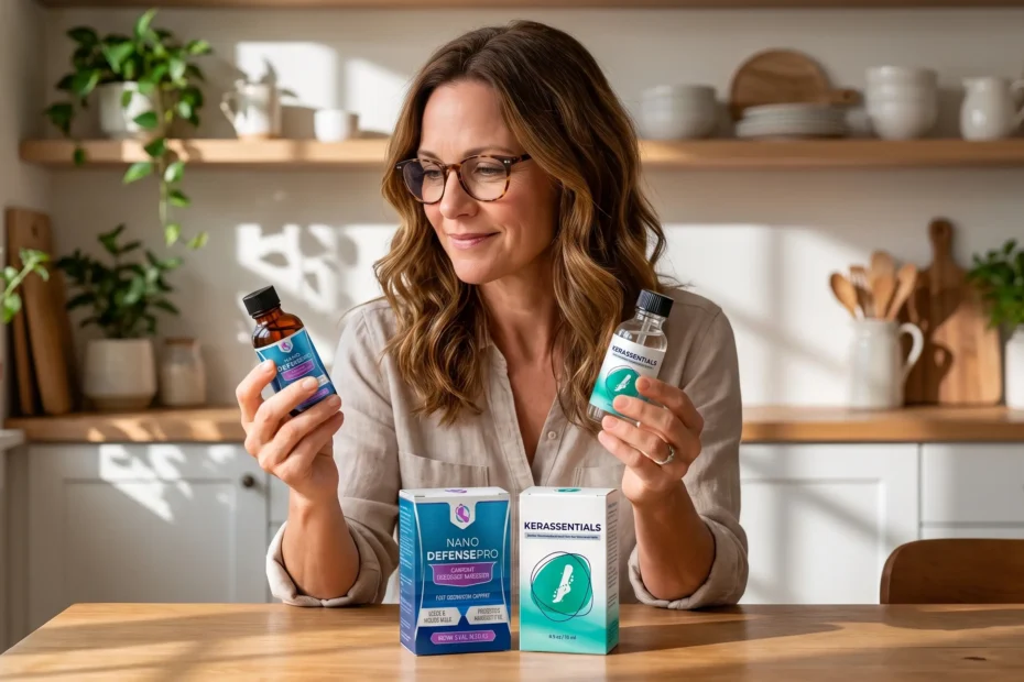 Best nail fungus supplements 2026 comparison: NanoDefense Pro and Kerassentials bottles side by side