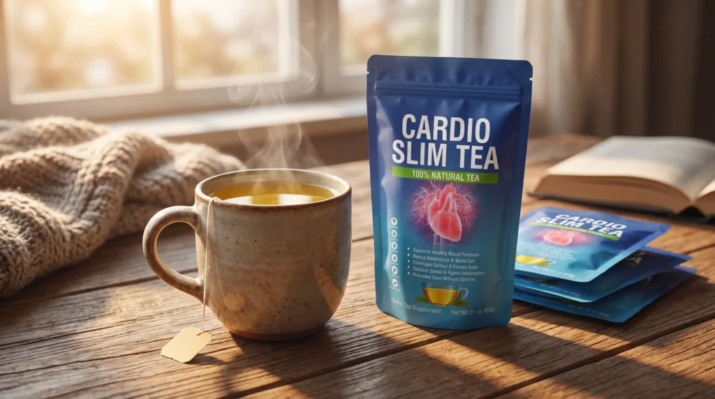 Cardio Slim Tea bag steeping in a mug, one of the stimulant-free weight loss supplements featured in this comparison