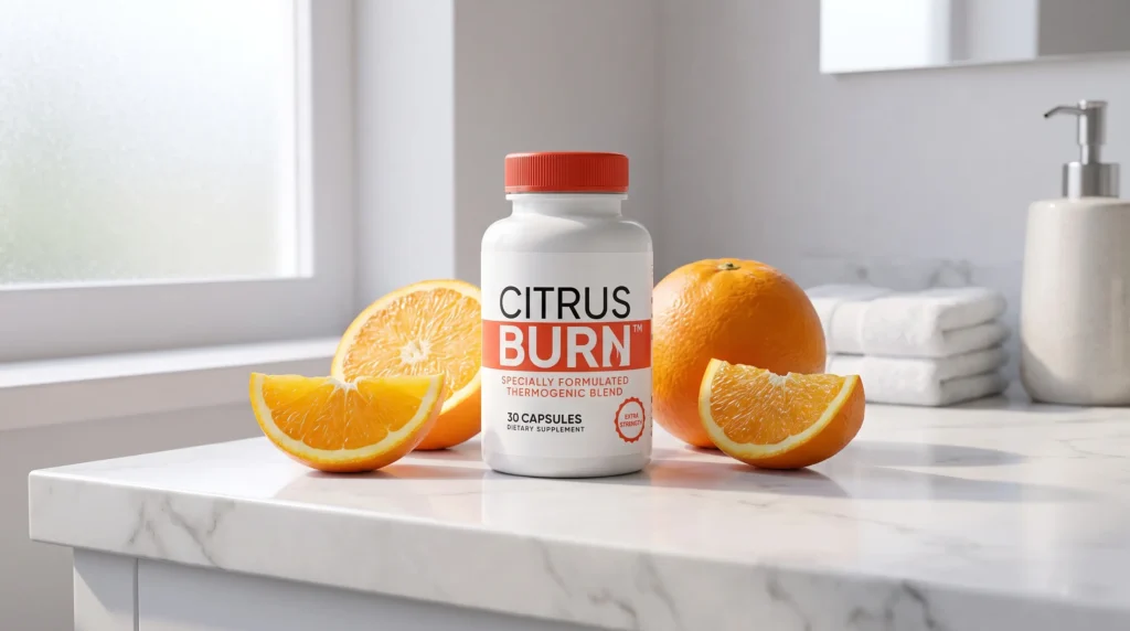 CitrusBurn bottle, one of the best weight loss supplements for women over 40, on a bathroom counter