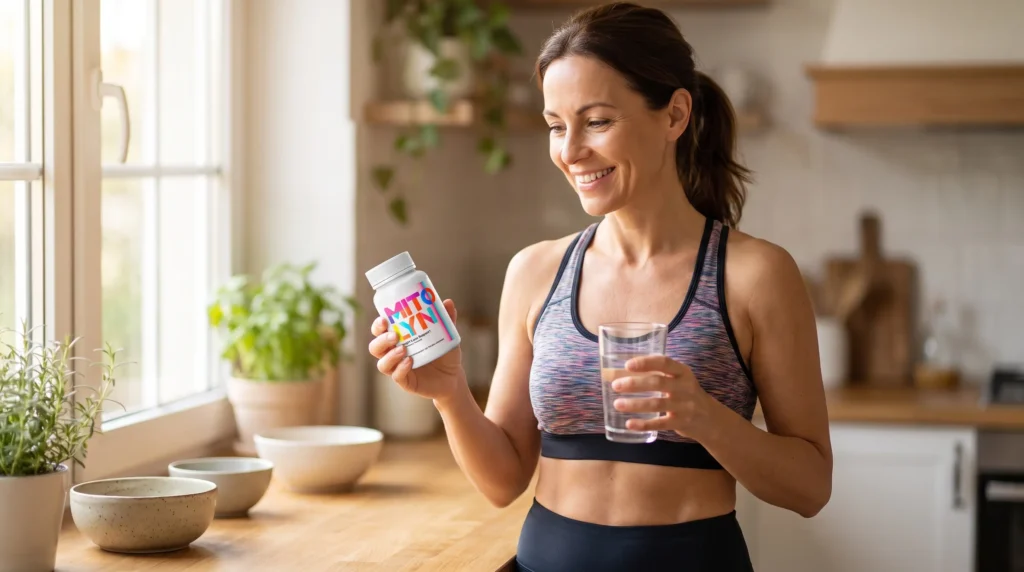 Mitolyn bottle, a natural metabolism booster supplement, held in hand during a morning routine