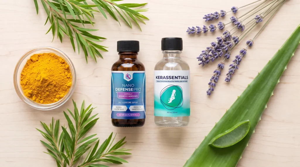 Natural ingredients used in nail fungus supplements that actually work, featuring NanoDefense Pro and Kerassentials