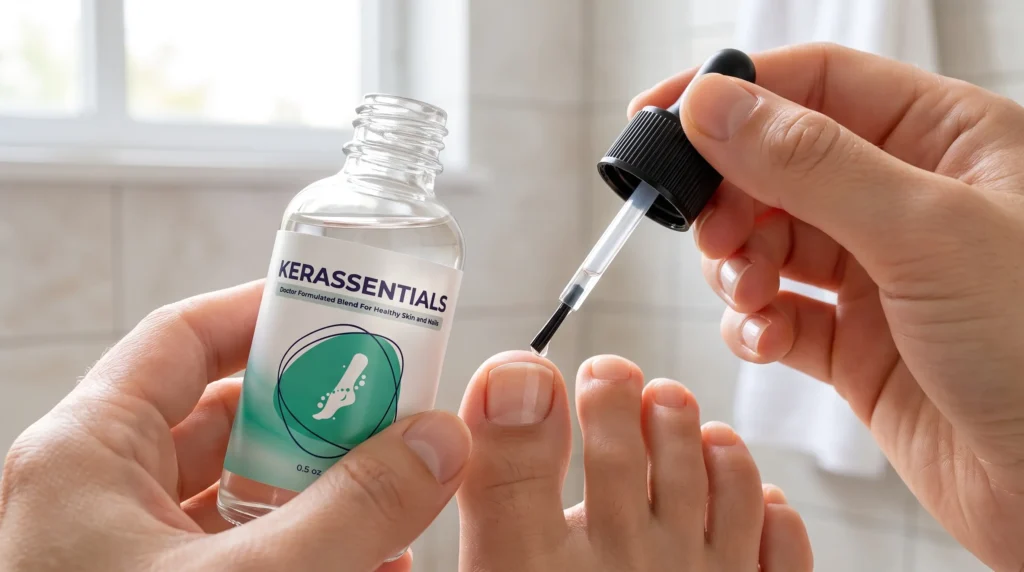 Kerassentials, a natural antifungal nail oil, being applied with its brush applicator