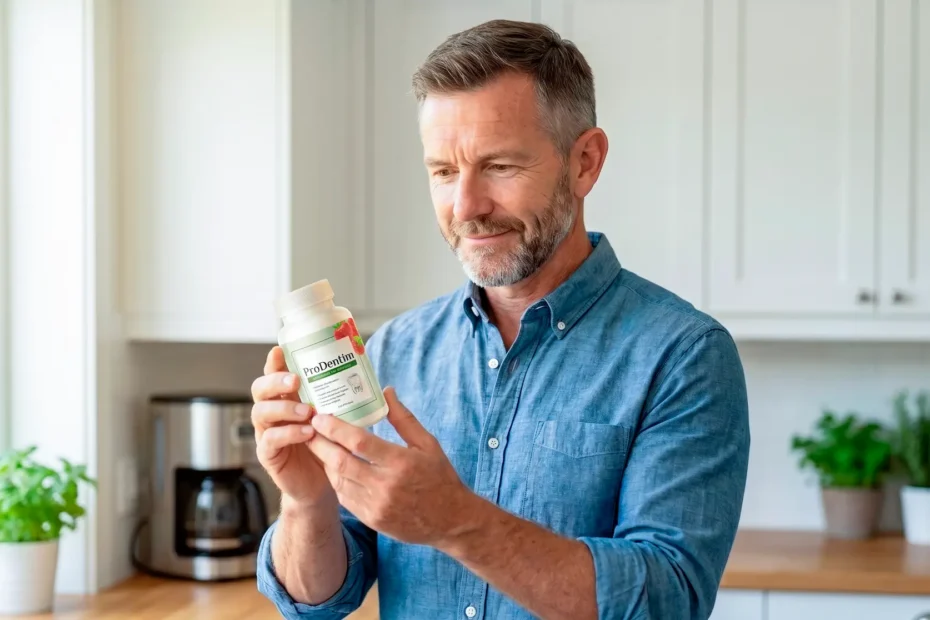 Health editor holding ProDentim bottle for ProDentim Review